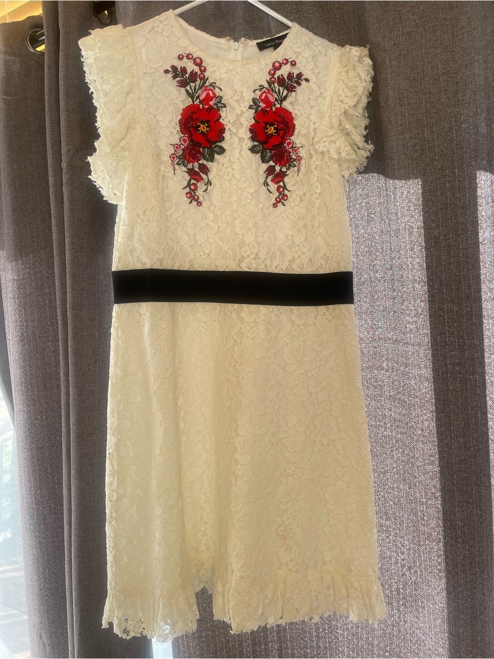 Cream Lace Dress with Red Floral Embroidery and Black Waist